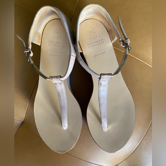 Brunello Cucinelli Platform T-Strap Sandals Gray Brown Size 36.5 Italian Wedge - Picture 2 of 13